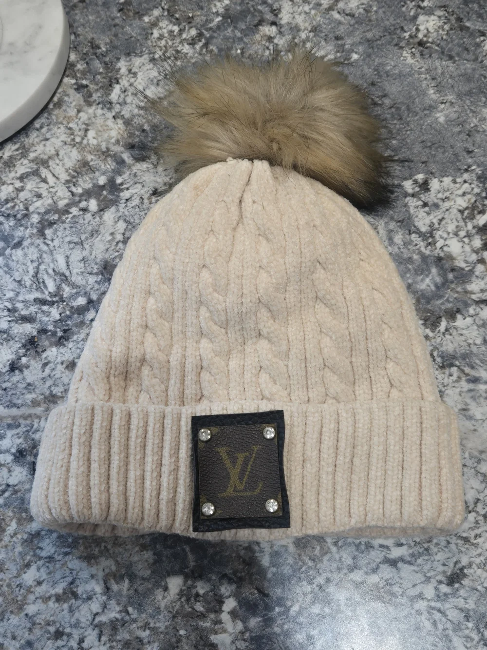 Louis Vuitton Custom Cream Cable Knit Beanie with Brown Fur Pom